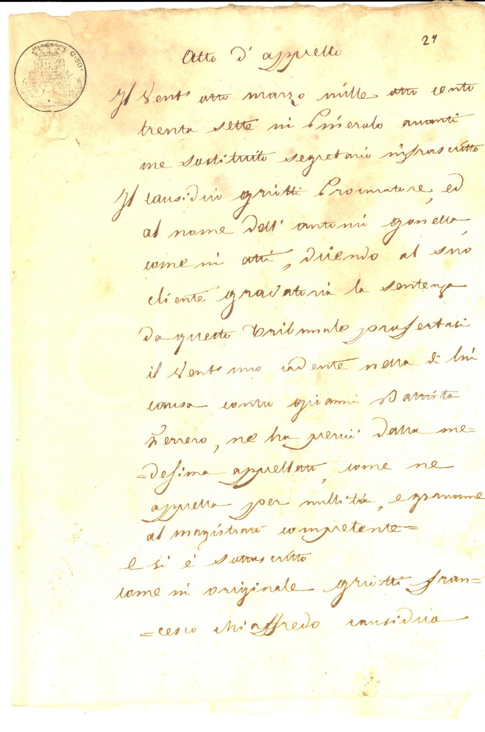 Documento originale, autentico 1837 PINEROLO TO Lite Antonio GONELLA  Giovanni Battista FERRERO Appello 1
