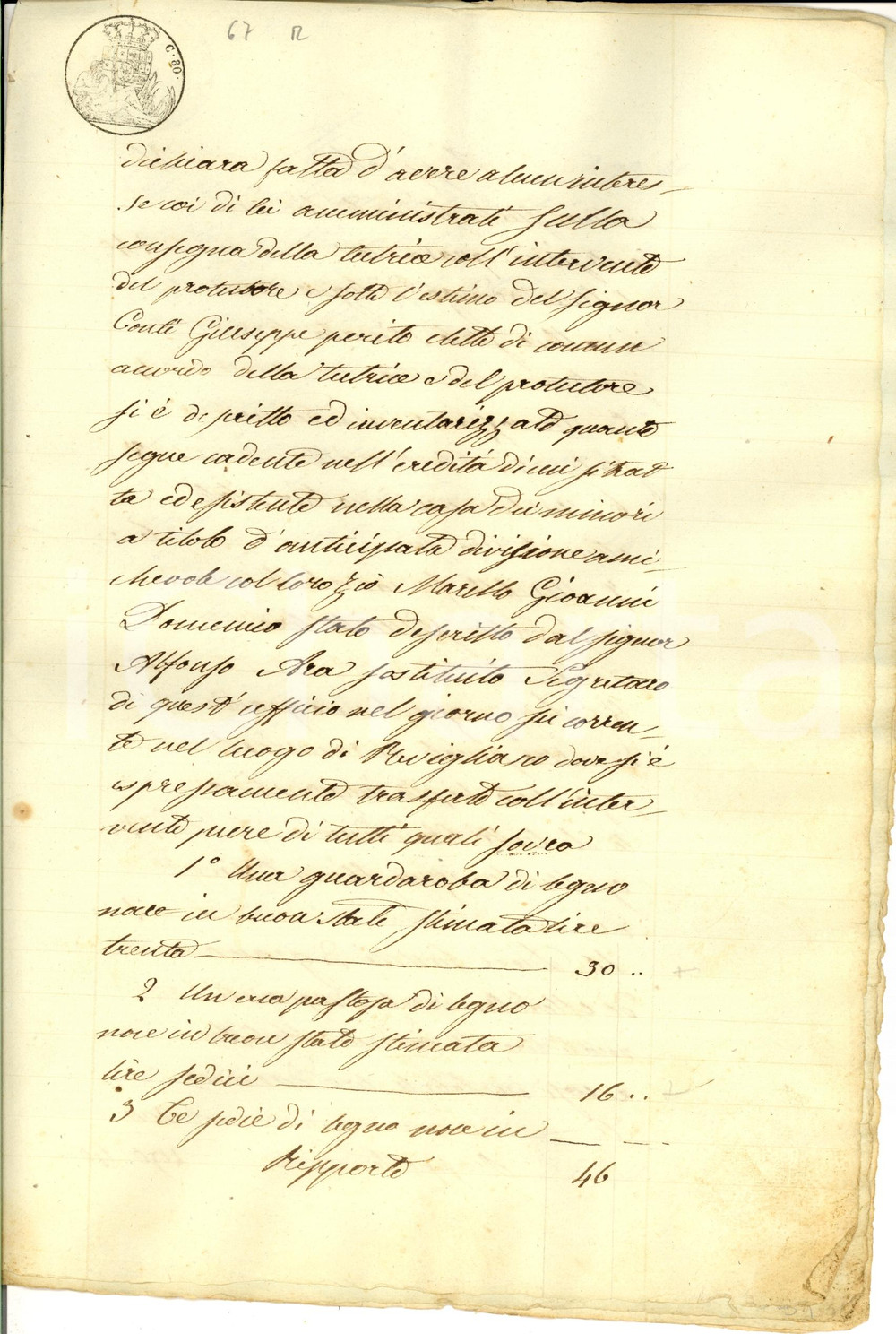 Documento originale, autentico 1830 ca REVIGLIASCO TO EreditÃ  MARELLO inventario mobili e biancheria 1