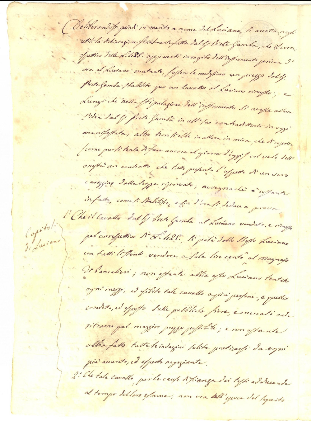 Documento originale, autentico 1845 PANCALIERI TO Lite per cavallo tisico venduto da don Francesco GAMBA 1