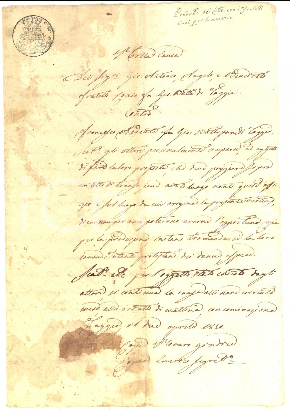 Documento originale, autentico 1850 TAGGIA IM Lite tra fratelli CONIO e Francesco ARDENTE per muro di vigna 1