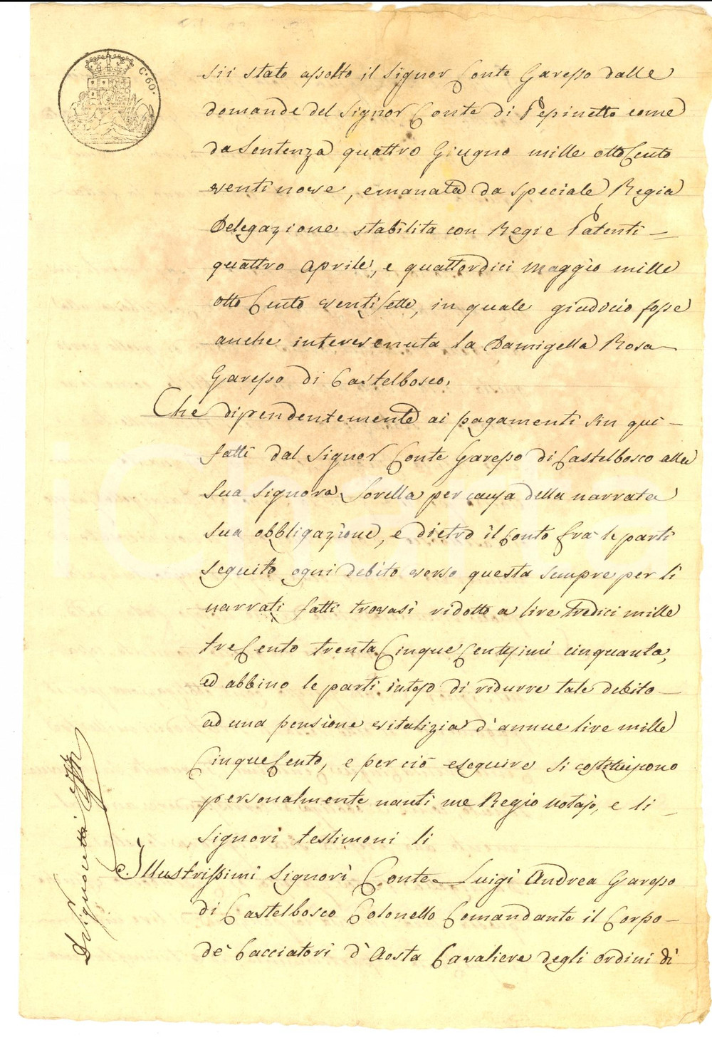 Documento originale, autentico 1830 FOSSANO CN Pensione Andrea GARESSO DI CASTELBOSCO alla sorella INCOMPLETO 1