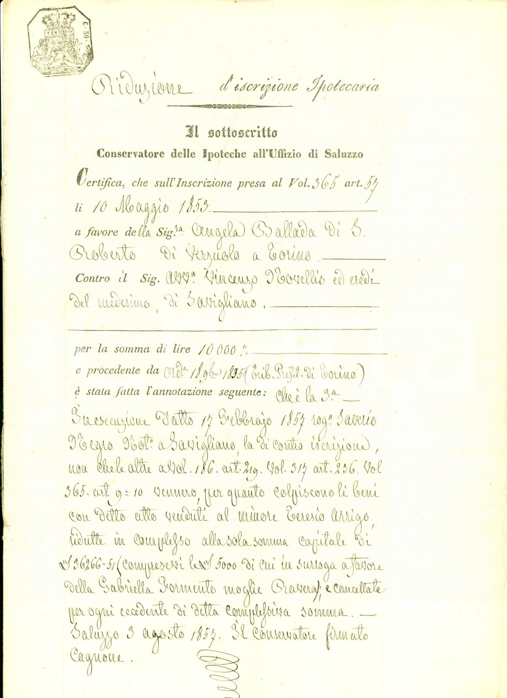 Documento originale, autentico 1857 SAVIGLIANO Teresio ARRIGO acquista beni Angela BALLADA DI SAINTROBERT 1 1
