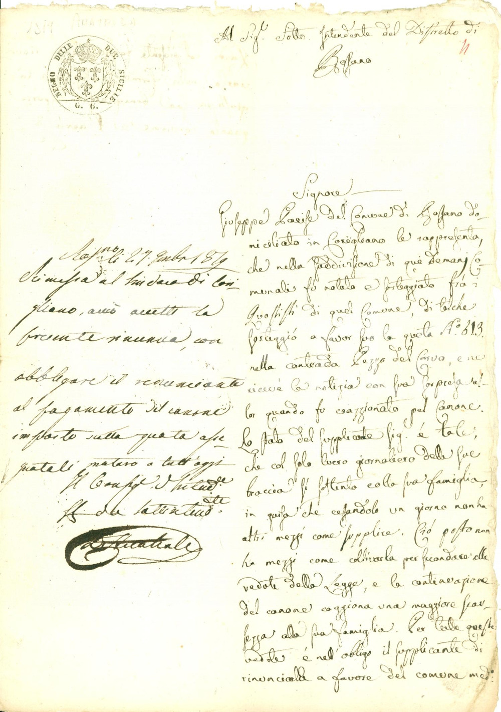 Documento originale, autentico 1819 CORIGLIANO CALABRO CS Giuseppe PARISE rinuncia a quota sorteggio 1