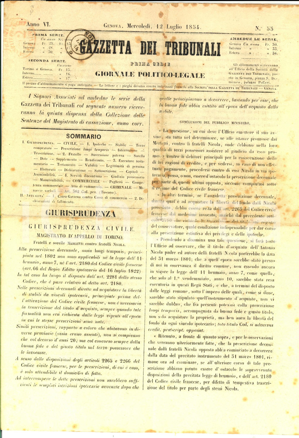 1854 GAZZETTA DEI TRIBUNALI n° 55 SERRAVALLE SCRIVIA (AL) Lite per servitù acque