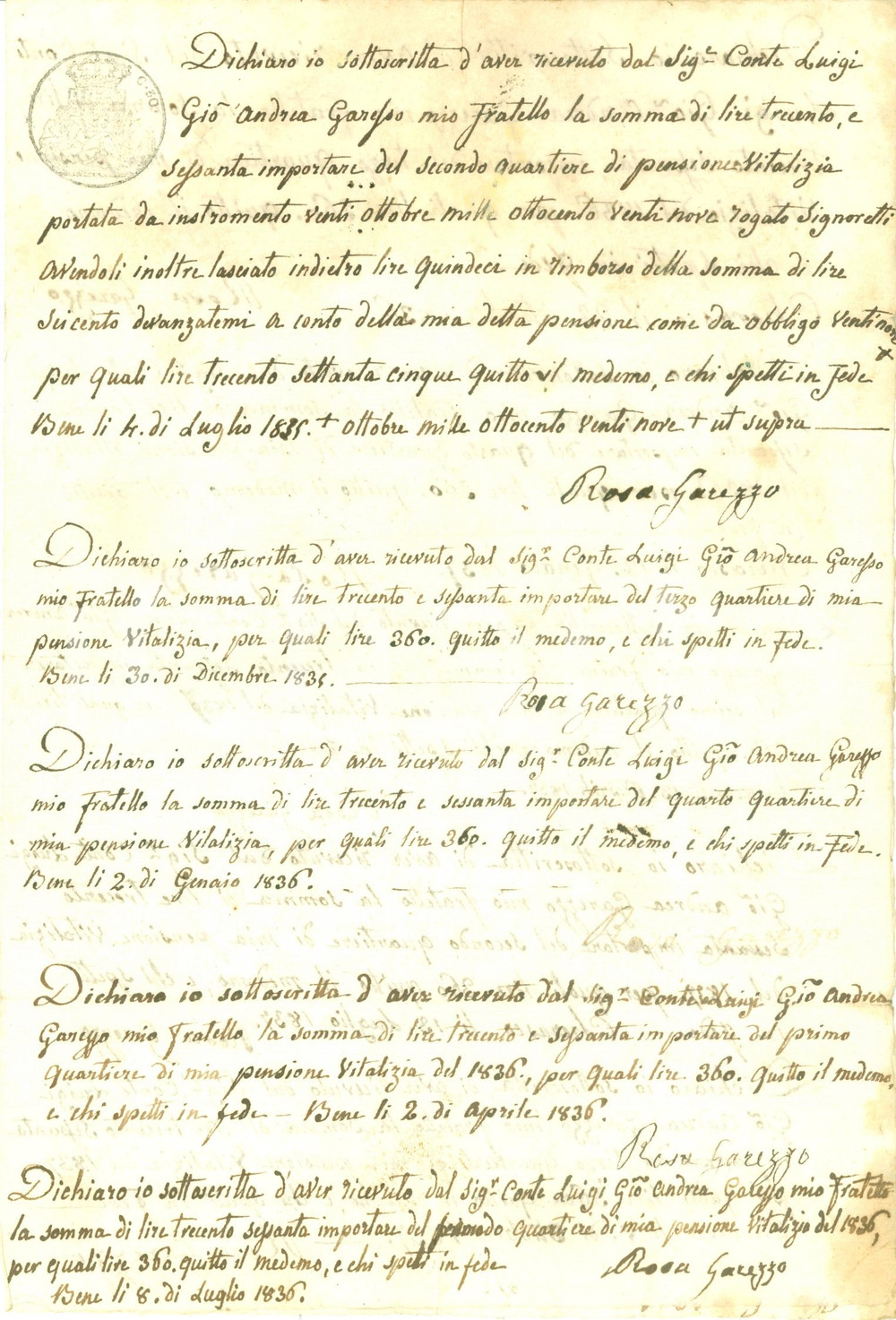 Documento originale, autentico 1835 CHERASCO CN Conte Luigi Giovanni Andrea GARESSO paga vitalizio a sorella 1