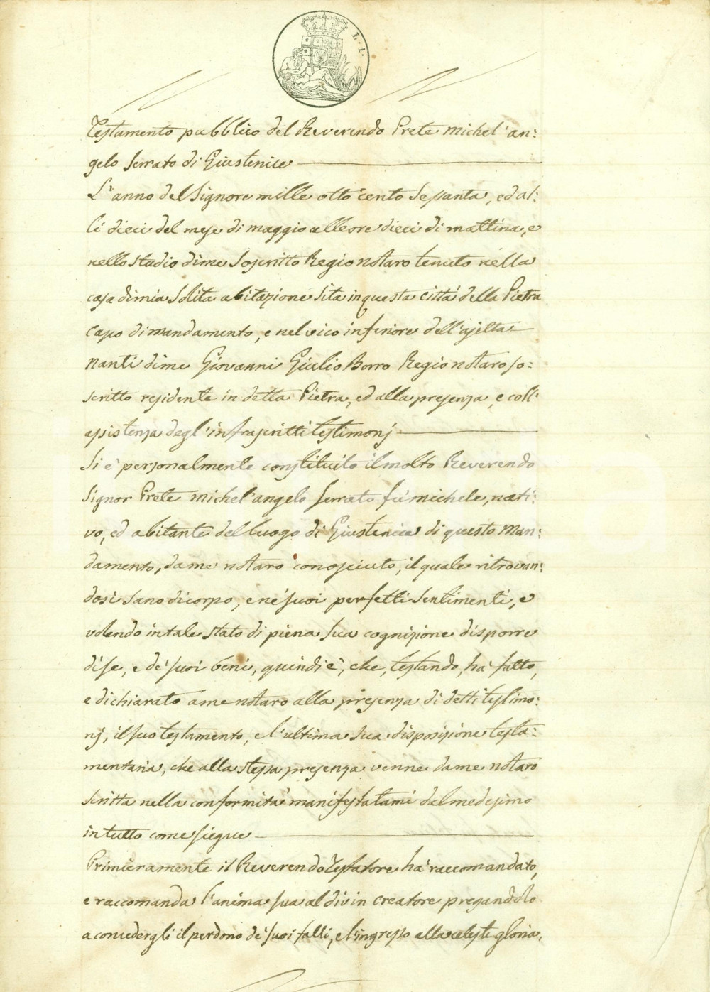 Documento originale, autentico 1860 GIUSTENICE SV Testamento Michelangelo SERRATO sacerdote Documento 1