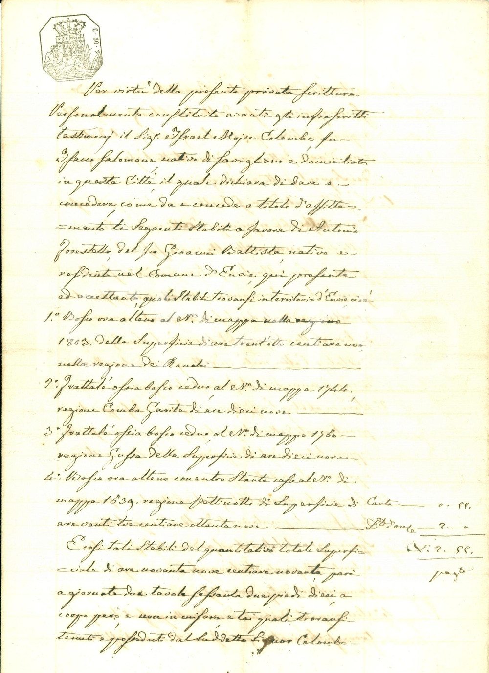 Documento originale, autentico 1862 ENVIE CN Ebreo Israel MoisÃ¨ COLOMBO affitta boschi ad Antonio FORESTELLO 1