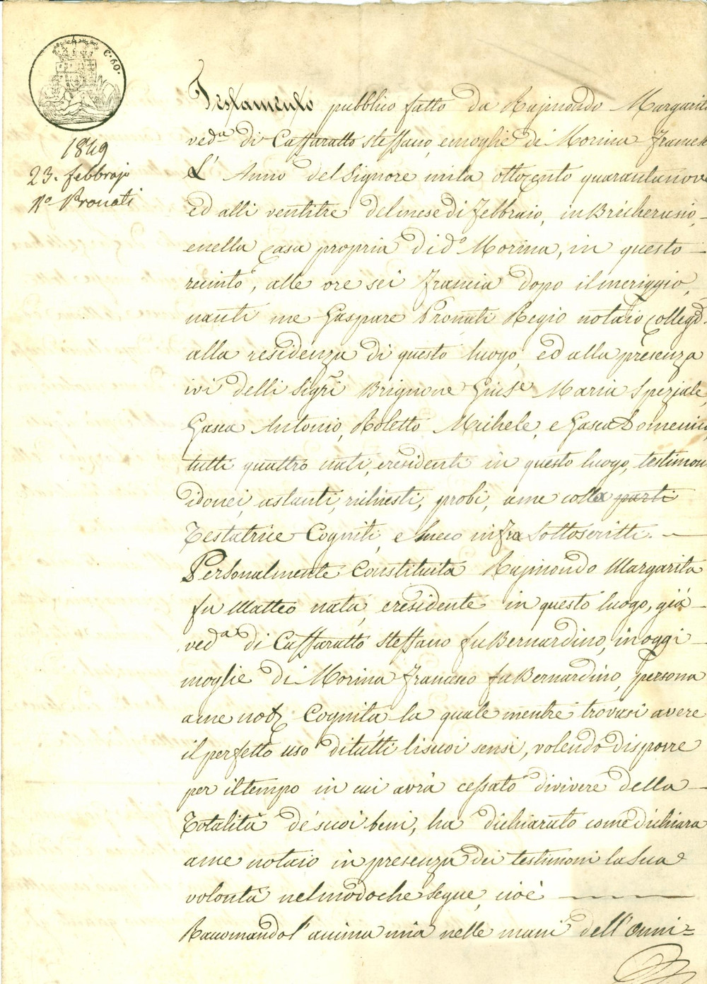 Documento originale, autentico 1849 BRICHERASIO TO Margherita RAIMONDO lascia gli ori ai figli in ereditÃ  1
