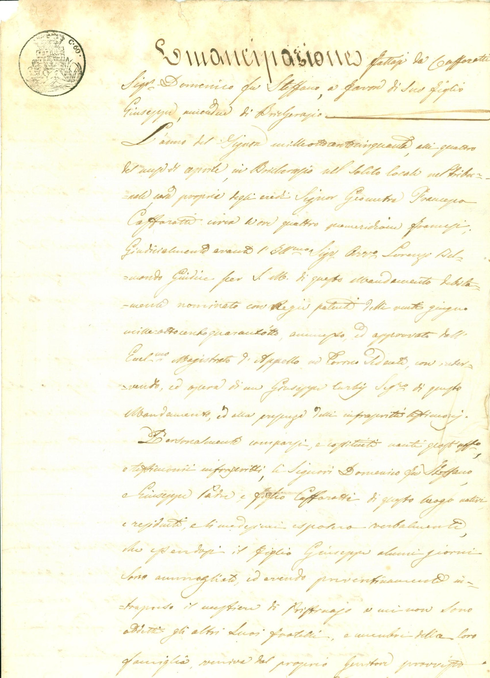 Documento originale, autentico 1850 BRICHERASIO TO Giuseppe CAFFARATTI si sposa e diventa fornaio Documento 1