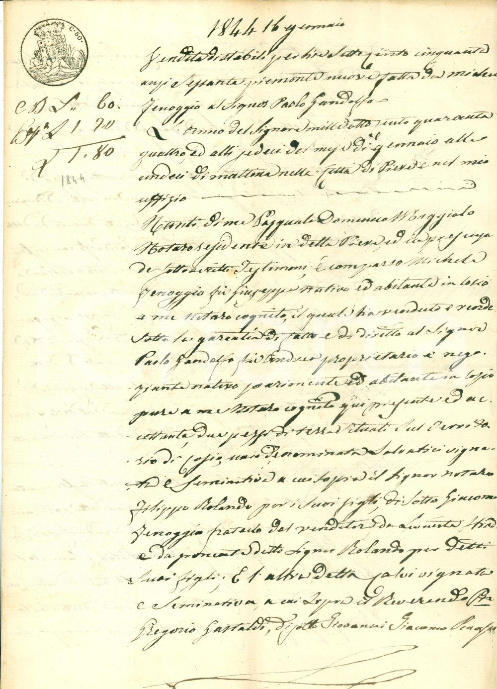 Documento originale, autentico 1844 COSIO DI ARROSCIA IM Michele FENOGGIO vende due terreni a Paolo GANDOLFO 1
