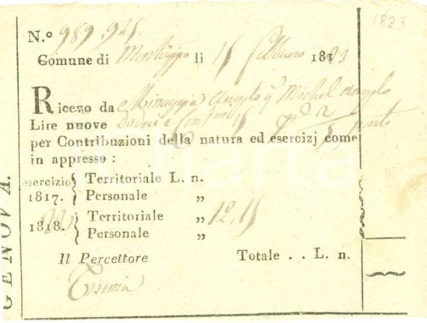 Documento originale, autentico 1823 MONTOGGIO GE Angelo MINUGGIA paga imposta territoriale Documento 1