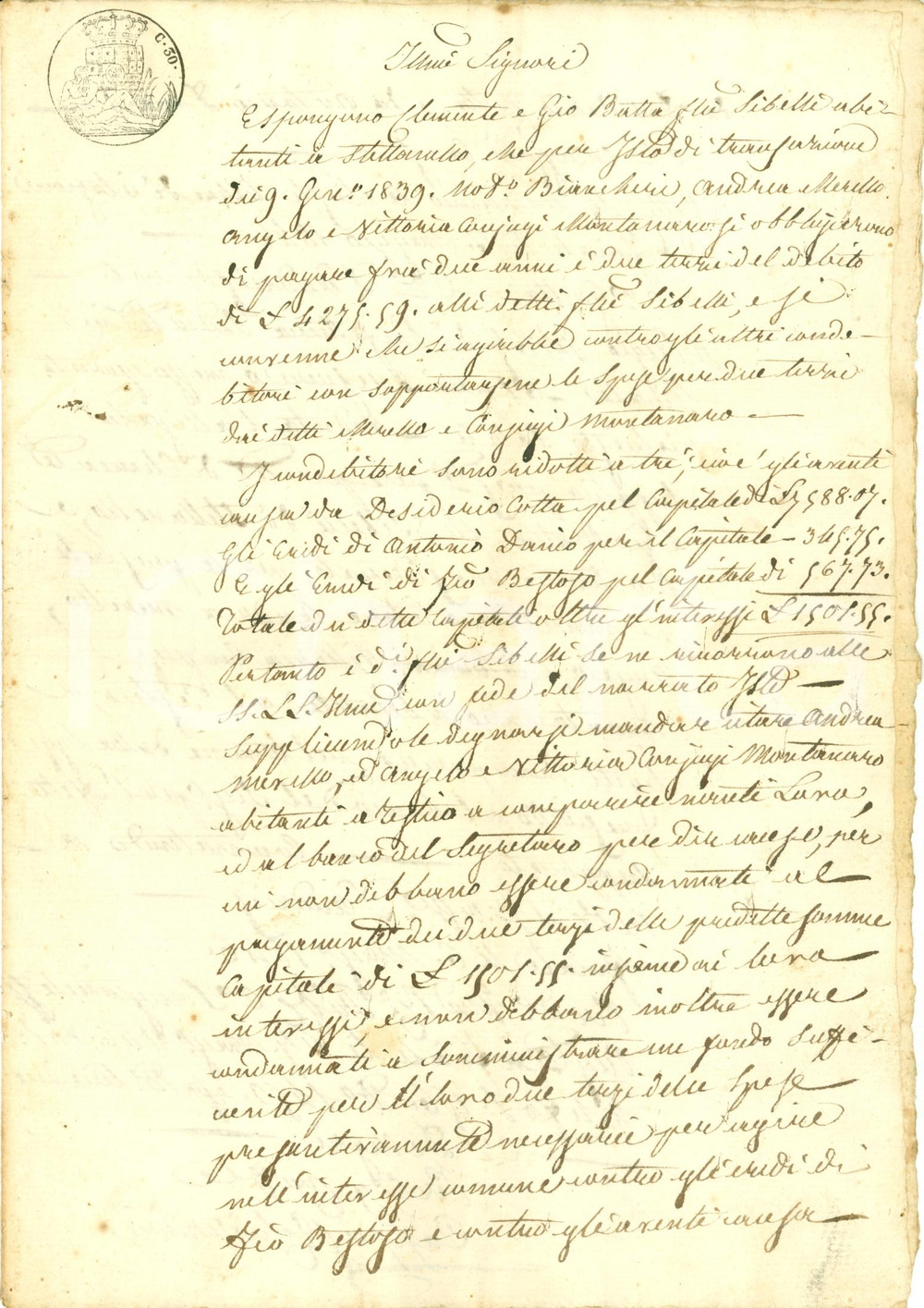 Documento originale, autentico 1846 STELLANELLO SV Fratelli SIBELLI vs Andrea MERELLO e coniugi MONTANARO 1