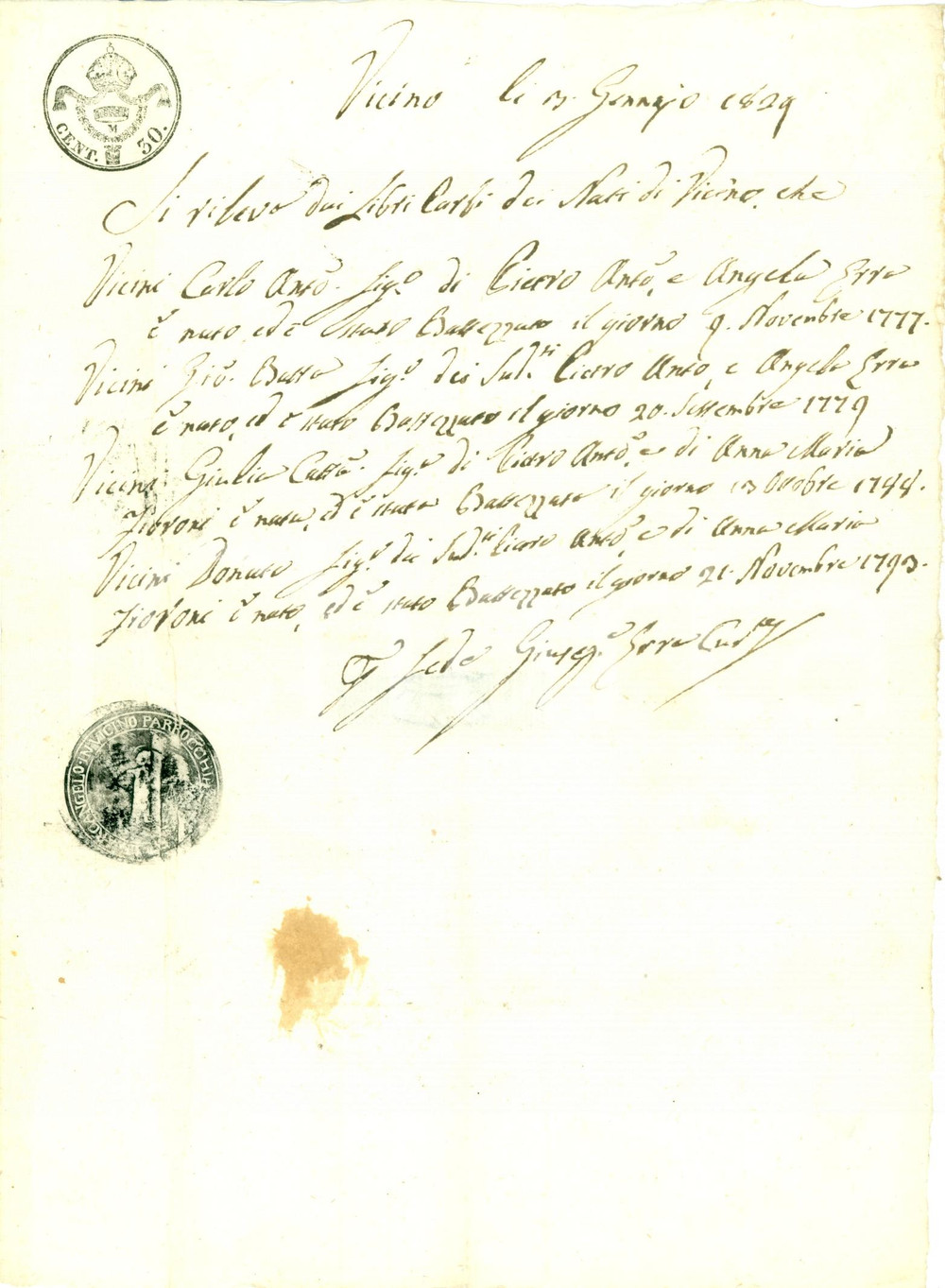 Documento originale, autentico 1829 FIGINO SERENZA CO Figli Pietro VICINI battezzati a SAN MICHELE ARCANGELO 1