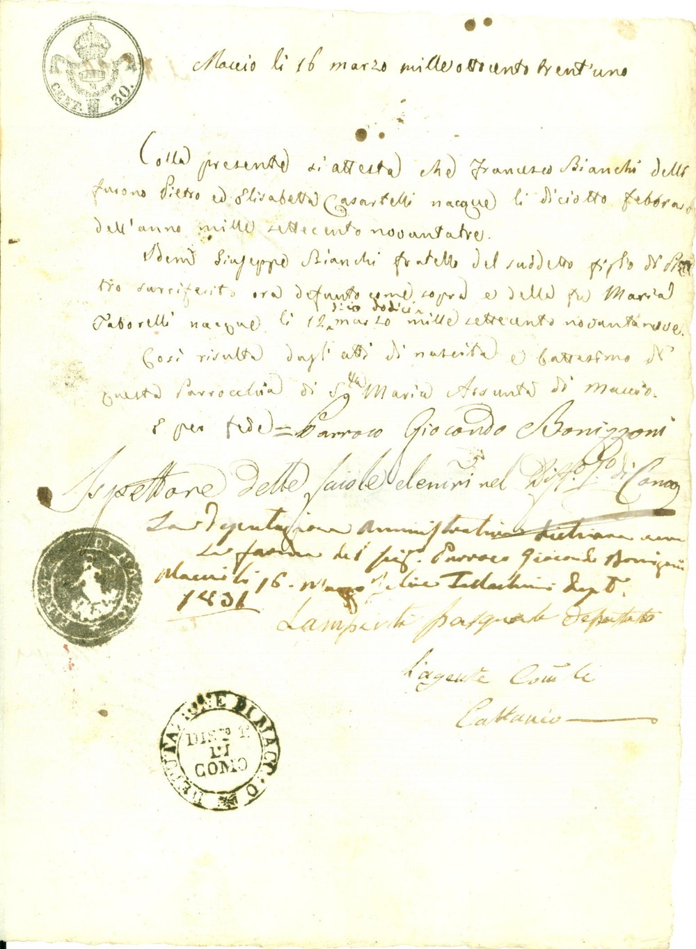 Documento originale, autentico 1831 MACCIO DI VILLA GUARDIA Francesco e Giuseppe BIANCHI fratelli madri diverse 1