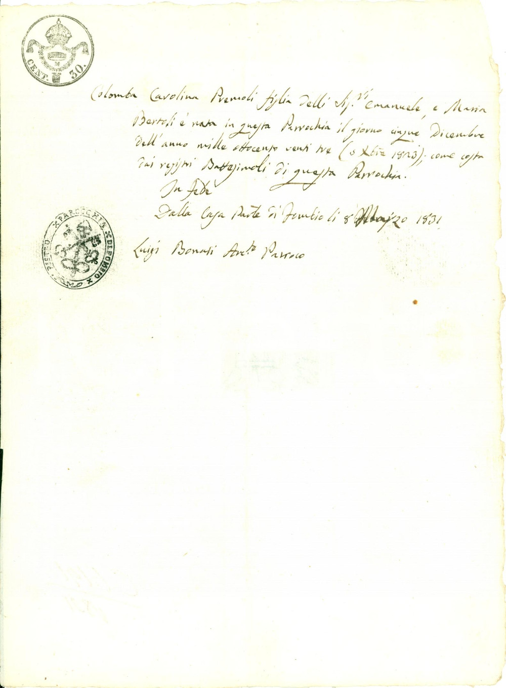 Documento originale, autentico 1831 FOMBIO LO Colomba Carolina PREMOLI nata nella Parrocchia SAN PIETRO 1