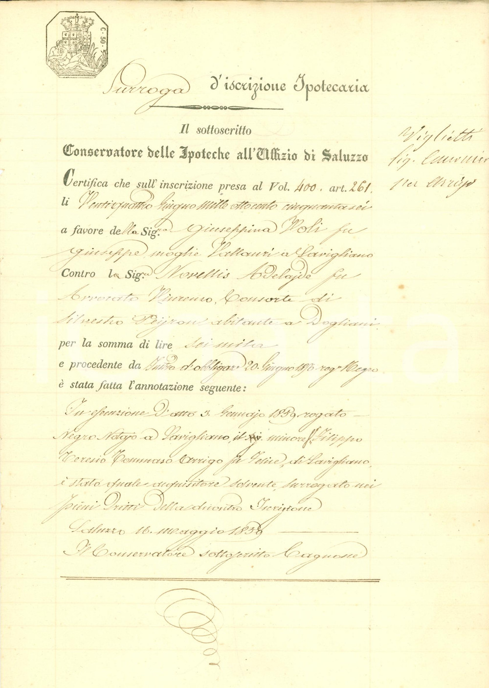 Documento originale, autentico 1859 SAVIGLIANO CN Filippo ARRIGO contro Adelaide NOVELLIS Documento 1