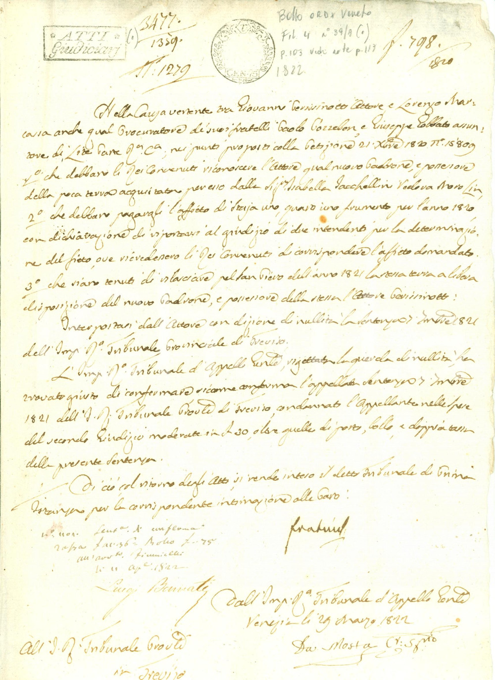 Documento originale, autentico 1822 VENEZIA Giovanni PERISSINOTTO nuovo padrone terra MORO LIN? Documento 1