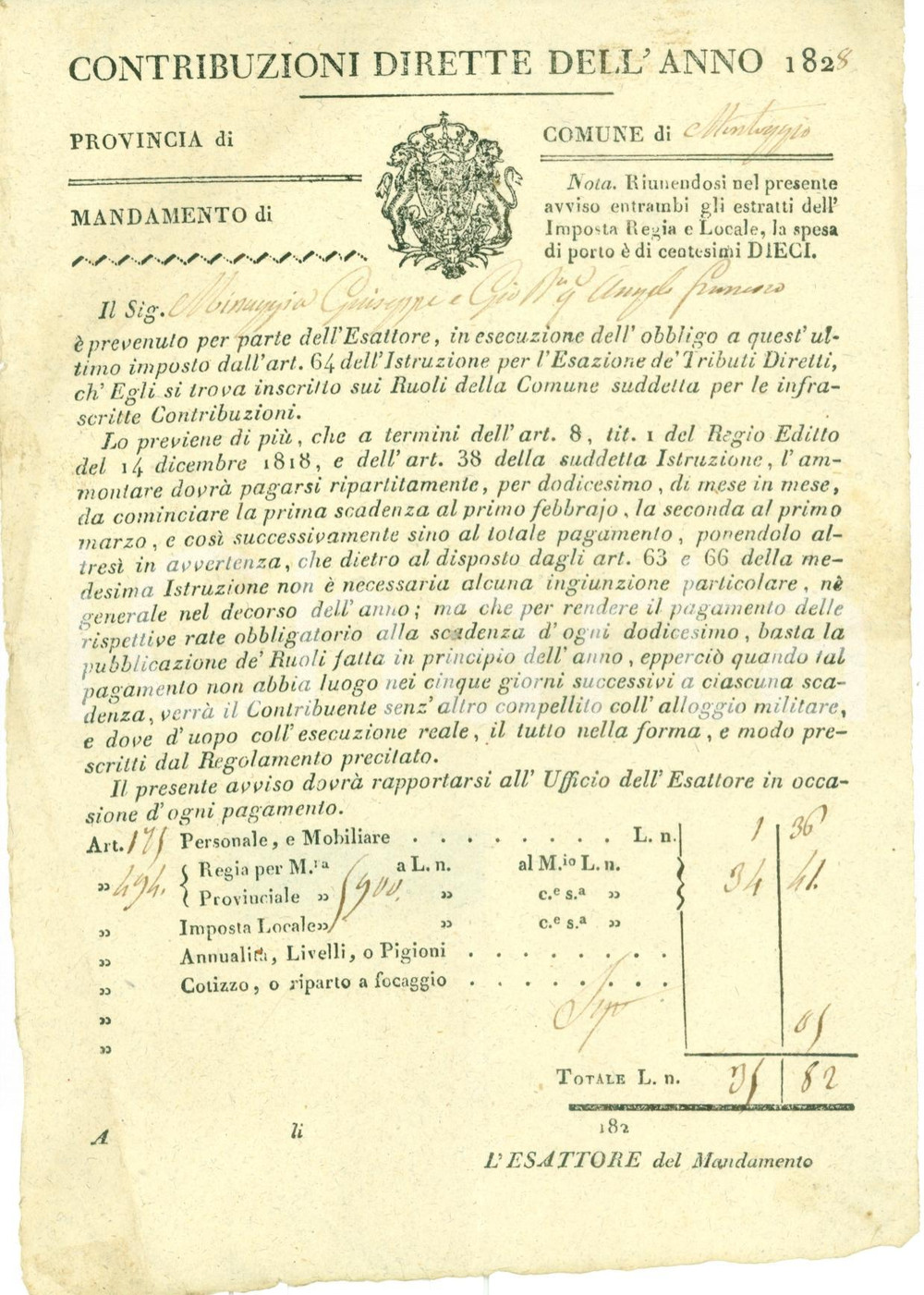 Documento originale, autentico 1828 MONTOGGIO GE Giuseppe MINUGGIA deve pagare imposte mobiliari Documento 1