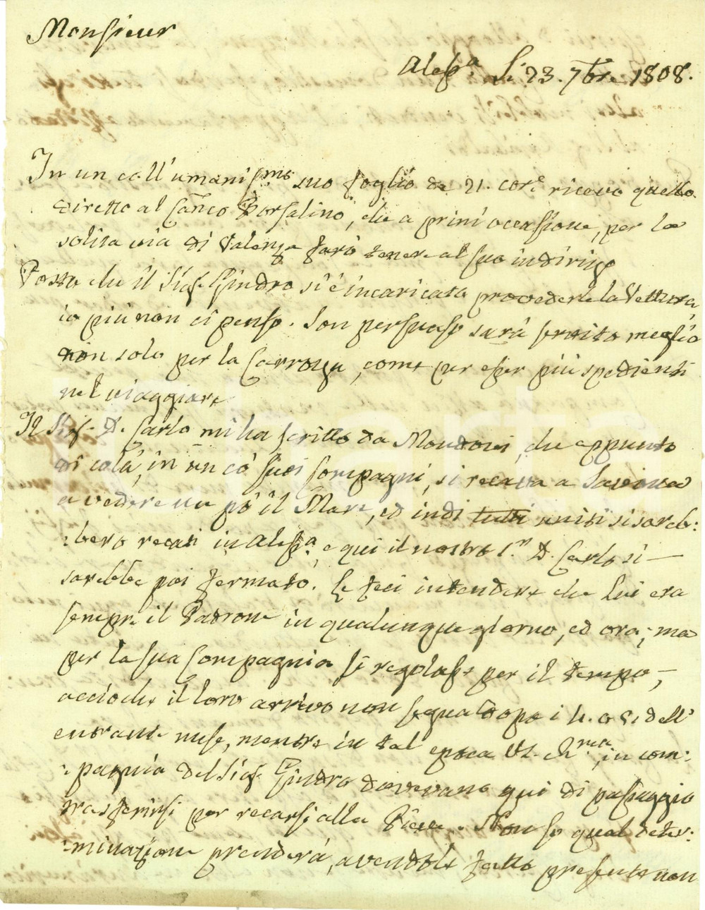 Documento originale, autentico 1808 ALESSANDRIA Marchese Carlo GUASCO DI CASTELLETTO al mare a SAVONA Lettera 1