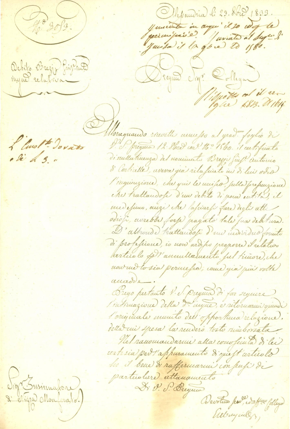Documento originale, autentico 1833 CORTIGLIONE AT Niente atti odiosi vs Giuseppe Antonio BREZZI di CORTICELLE 1