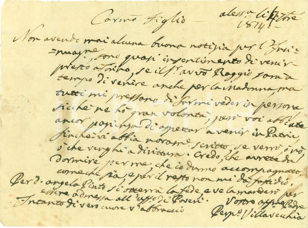 Documento originale, autentico 1814 ALESSANDRIA Perpetuo VILLAVECCHIA tutti mi pressano a venire a TORINO 1