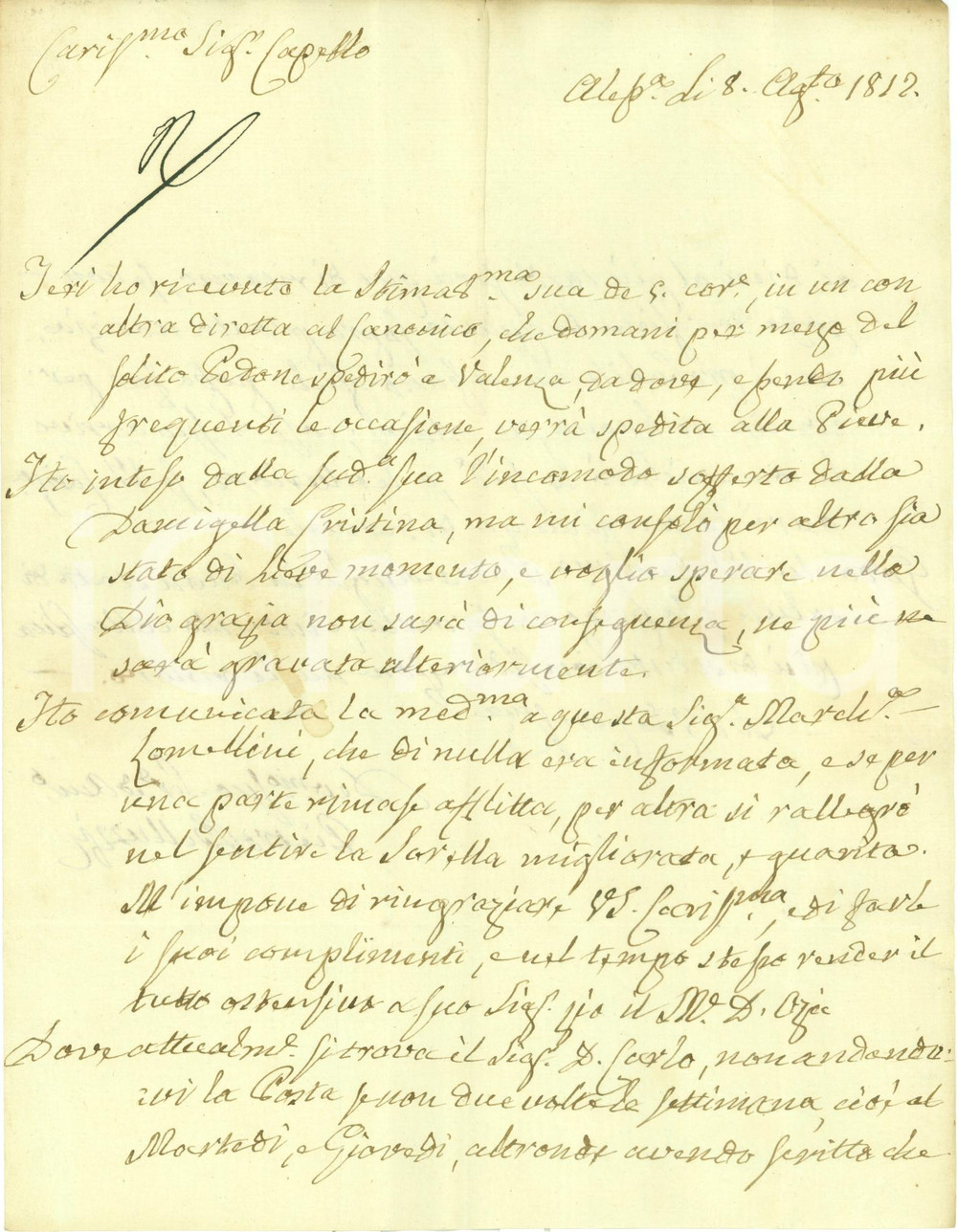 Documento originale, autentico 1812 ALESSANDRIA Damigella Cristina LOMELLINI si rimette in salute Lettera 1
