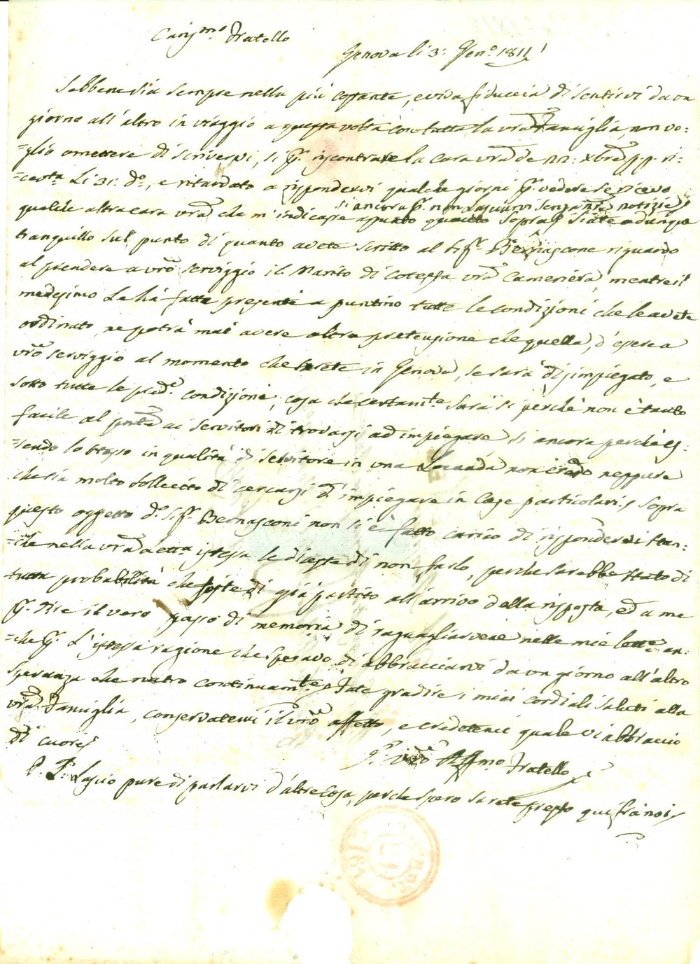 Documento originale, autentico 1811 GENOVA E  difficile per i servitori trovare lavoro di questi tempi Lettera 1
