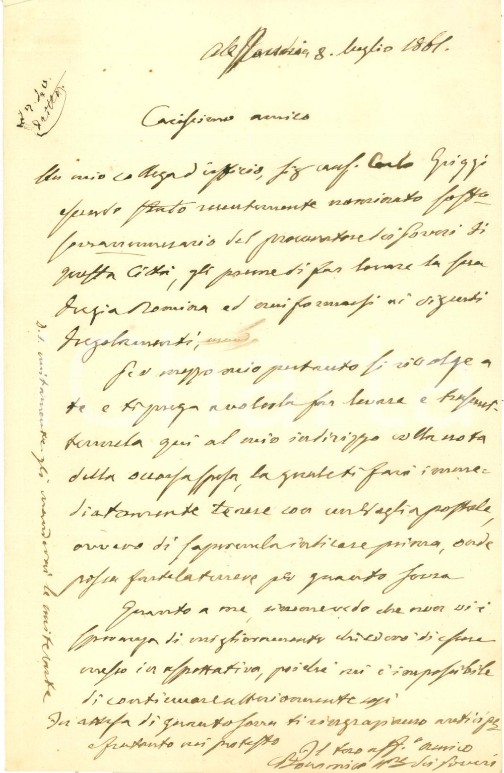 Documento originale, autentico 1861 ALESSANDRIA Carlo GRIGGI sottosoprannumerario del Procuratore dei Poveri 1