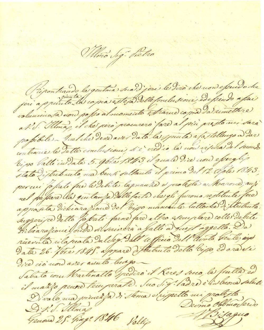 Documento originale, autentico 1846 GENOVA Agente Vittorio BISAGNO scrive a Pietro NEGROTTO CAMBIASO 1