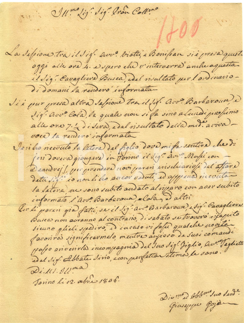 Documento originale, autentico 1806 TORINO Il procuratore Giuseppe GOIA scrive a Domenico SCOZIA 1