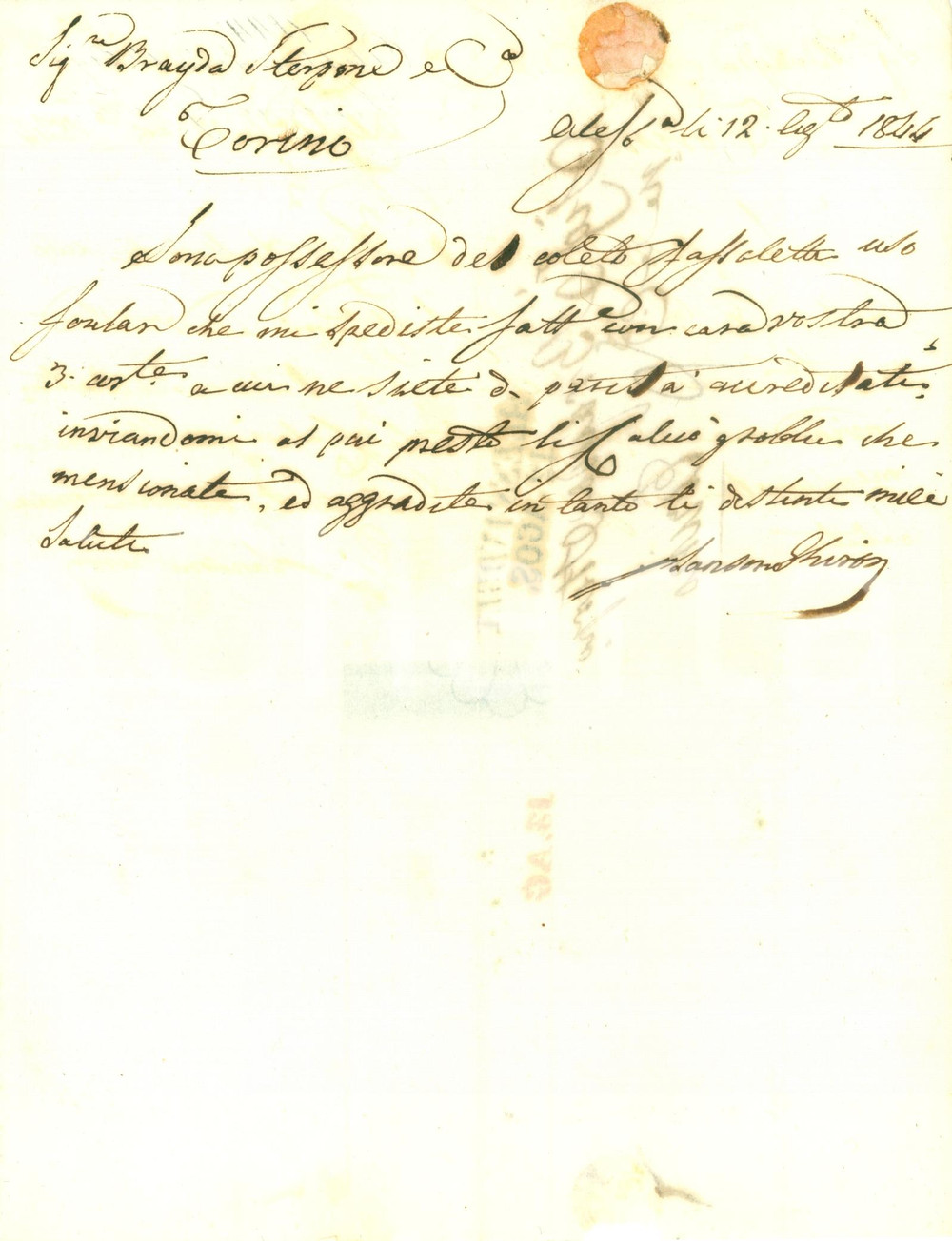 Documento originale, autentico 1844 ALESSANDRIA Foulard BRAYDA STERPONE & C. per Sansone GHIRO  Lettera 1