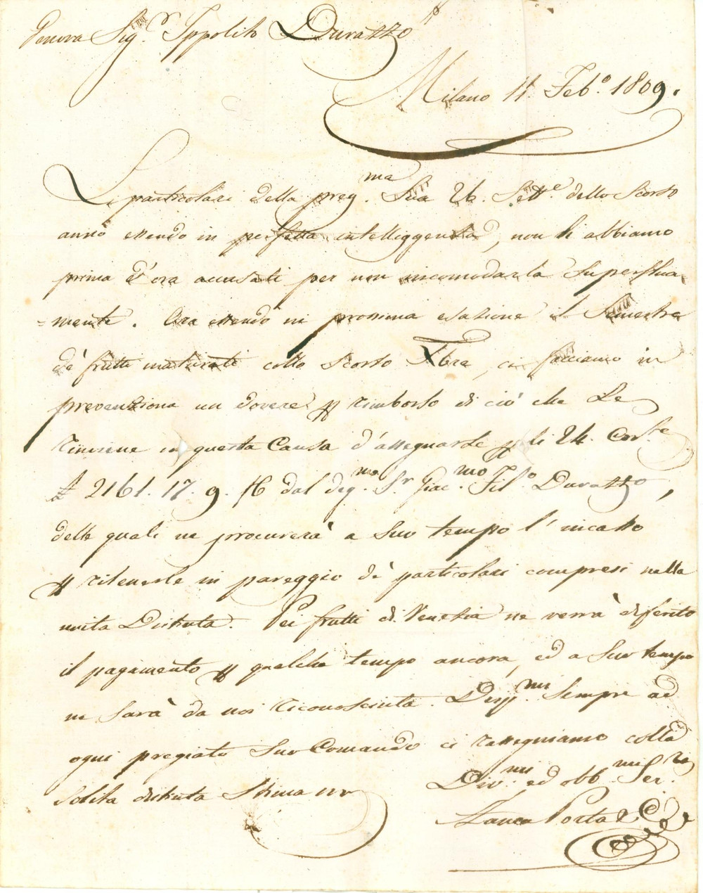 Documento originale, autentico 1809 GENOVA Rendite semestrali Ippolito DURAZZO presso ZANCA PORTA & C. a MILANO 1