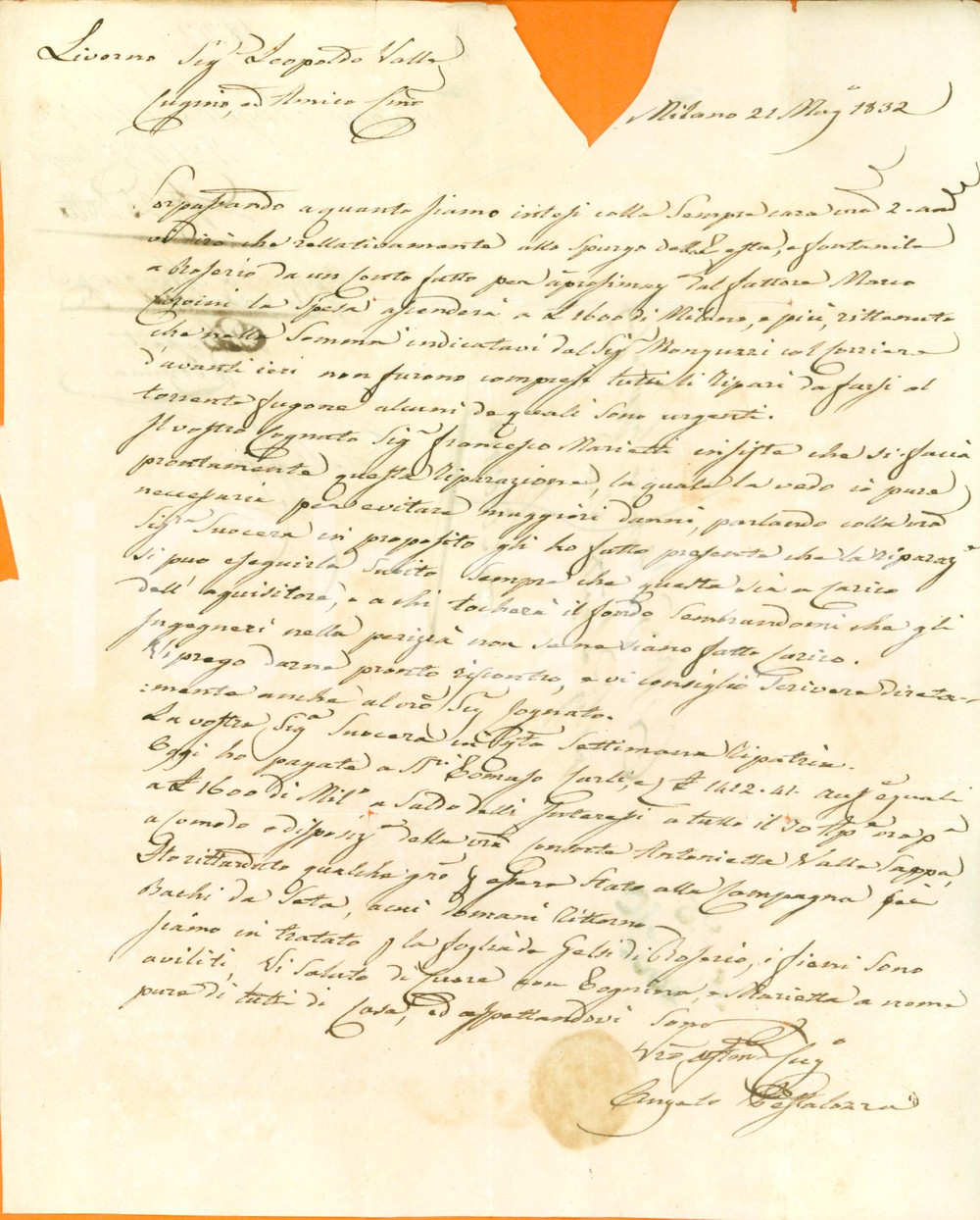 Documento originale, autentico 1832 MILANO ROSERIO Angelo PESTALOZZA riparazioni a torrente FUGONE Lettera 1