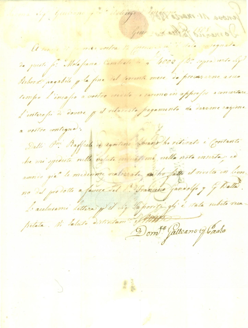 Documento originale, autentico 1808 GENOVA Agente Domenico GALLEANO ritira contanti a Giovanni Battista ASTENGO 1