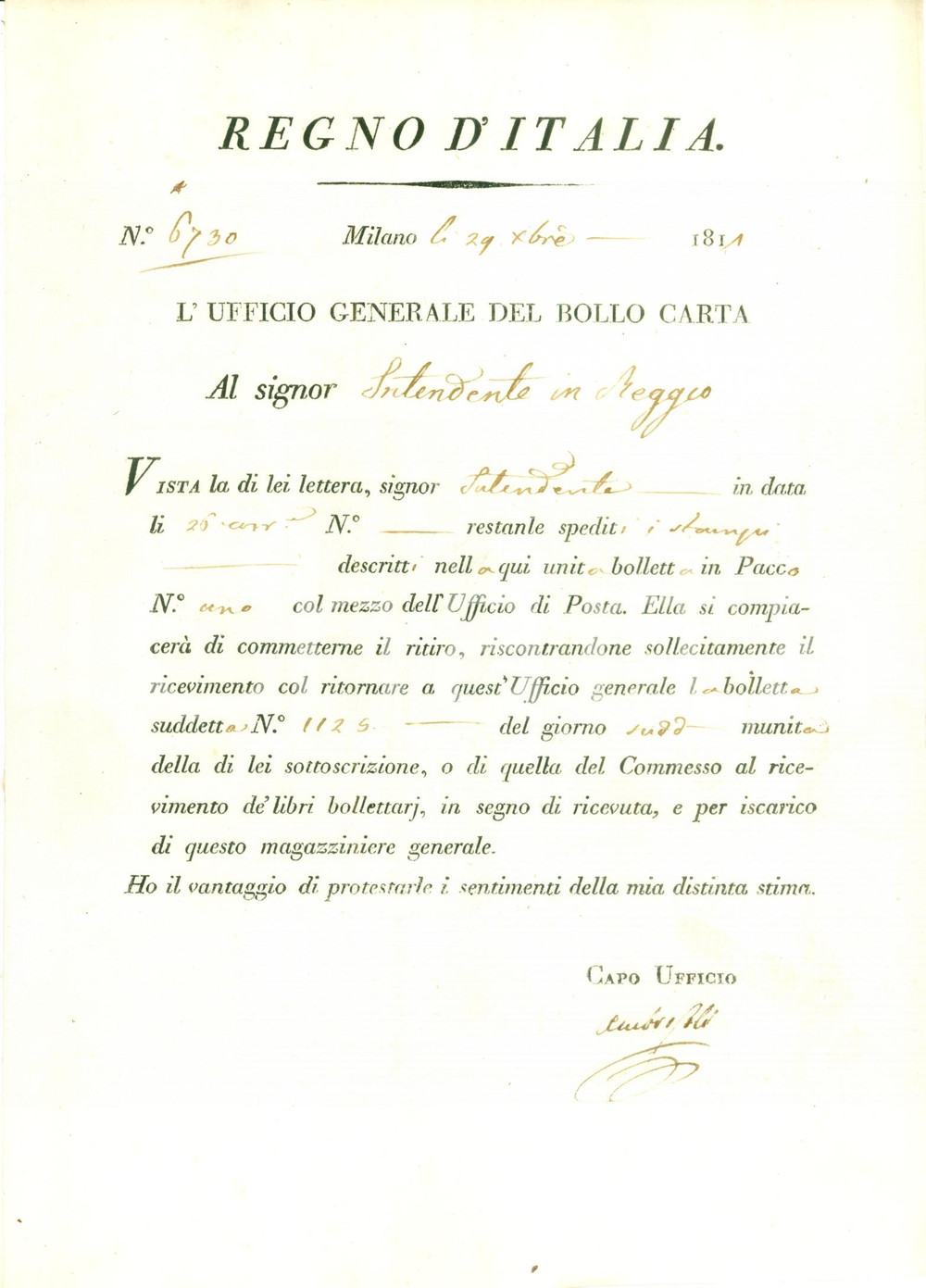 Documento originale, autentico 1811 MILANO REGNO D ITALIA Ufficio Bollo Carta spedisce stampi STORIA POSTALE 1