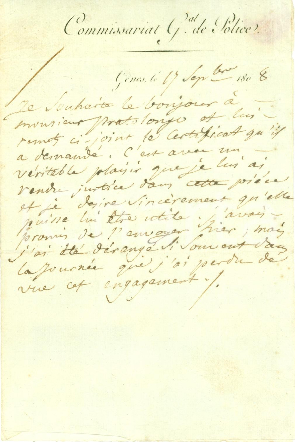 Documento originale, autentico 1808 GENOVA PRE  REGNO D ITALIA Giustizia per Commissario PRATOLONGO Lettera 1