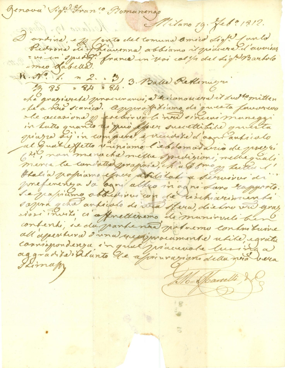 Documento originale, autentico 1812 MILANO Ditta G.M. MARTELLI a disposizione per acquisti e spedizioni Lettera 1