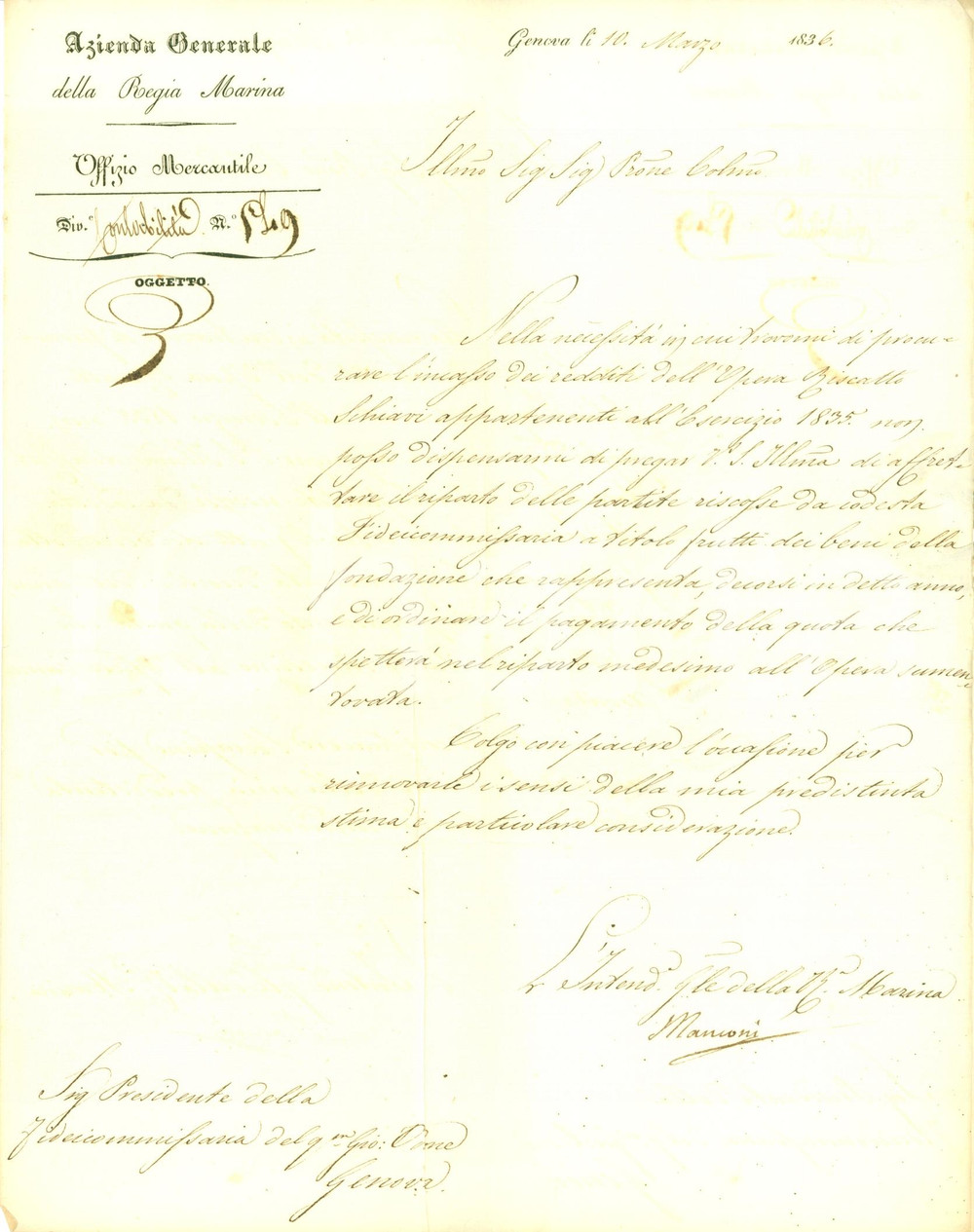 Documento originale, autentico 1836 GENOVA REGIA MARINA Incasso rendite Opera Riscatto Schiavi Documento 1