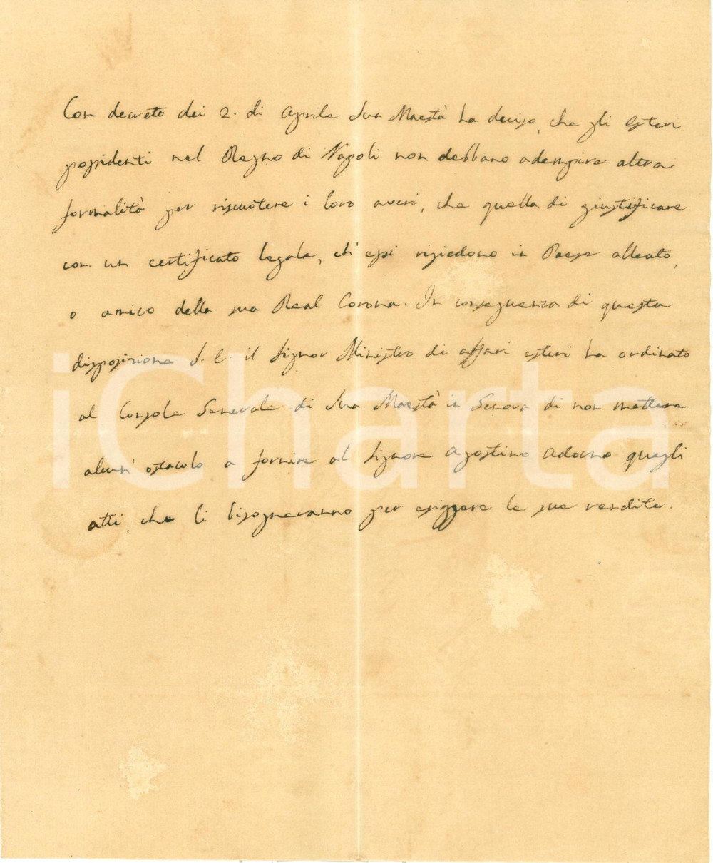 Documento originale, autentico 1830 ca REGNO NAPOLI Marchese Agostino ADORNO ha diritto di riscuotere rendite 1