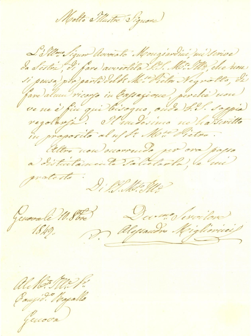 Documento originale, autentico 1849 GENOVA Alessandro MIGLIORINI su causa Marchese Pietro NEGROTTO Lettera 1