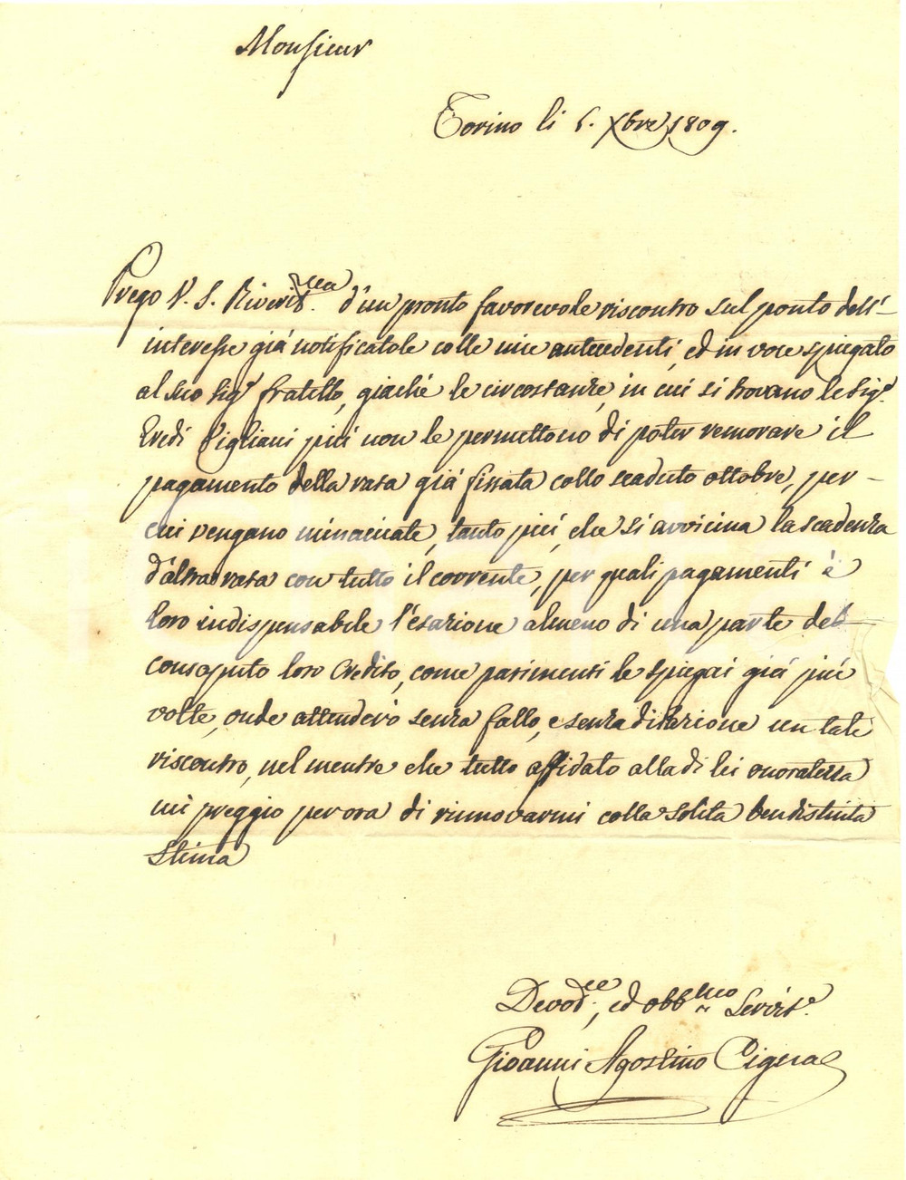Documento originale, autentico 1809 TORINO Giovanni Agostino CIGNA all avv. Nicola VERCELLONE debiti VIGLIANI 1