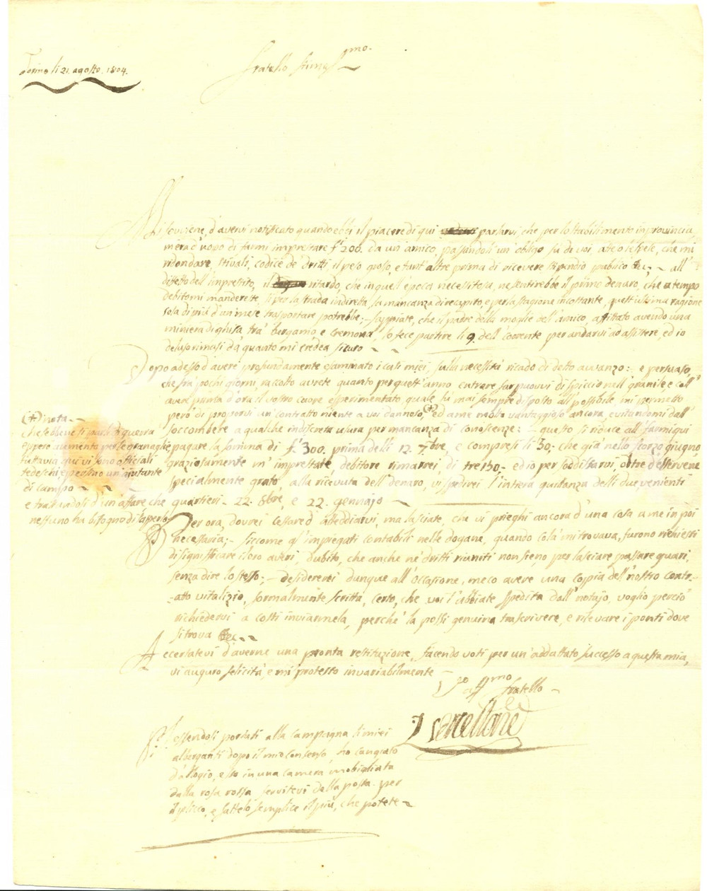 Documento originale, autentico 1804 CHERASCO CN Luigi VERCELLONE teme di soccombere a indiscreta usura 1