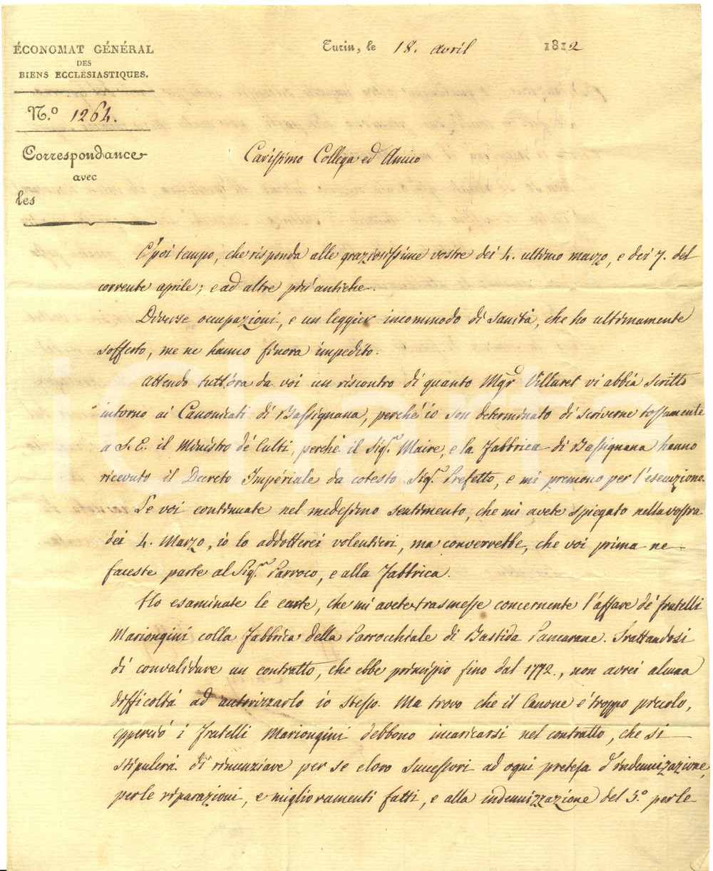 Documento originale, autentico 1812 BASTIDA PANCARANA PV Affare fratelli MARIONGINI e Fabbriceria Parrocchiale 1