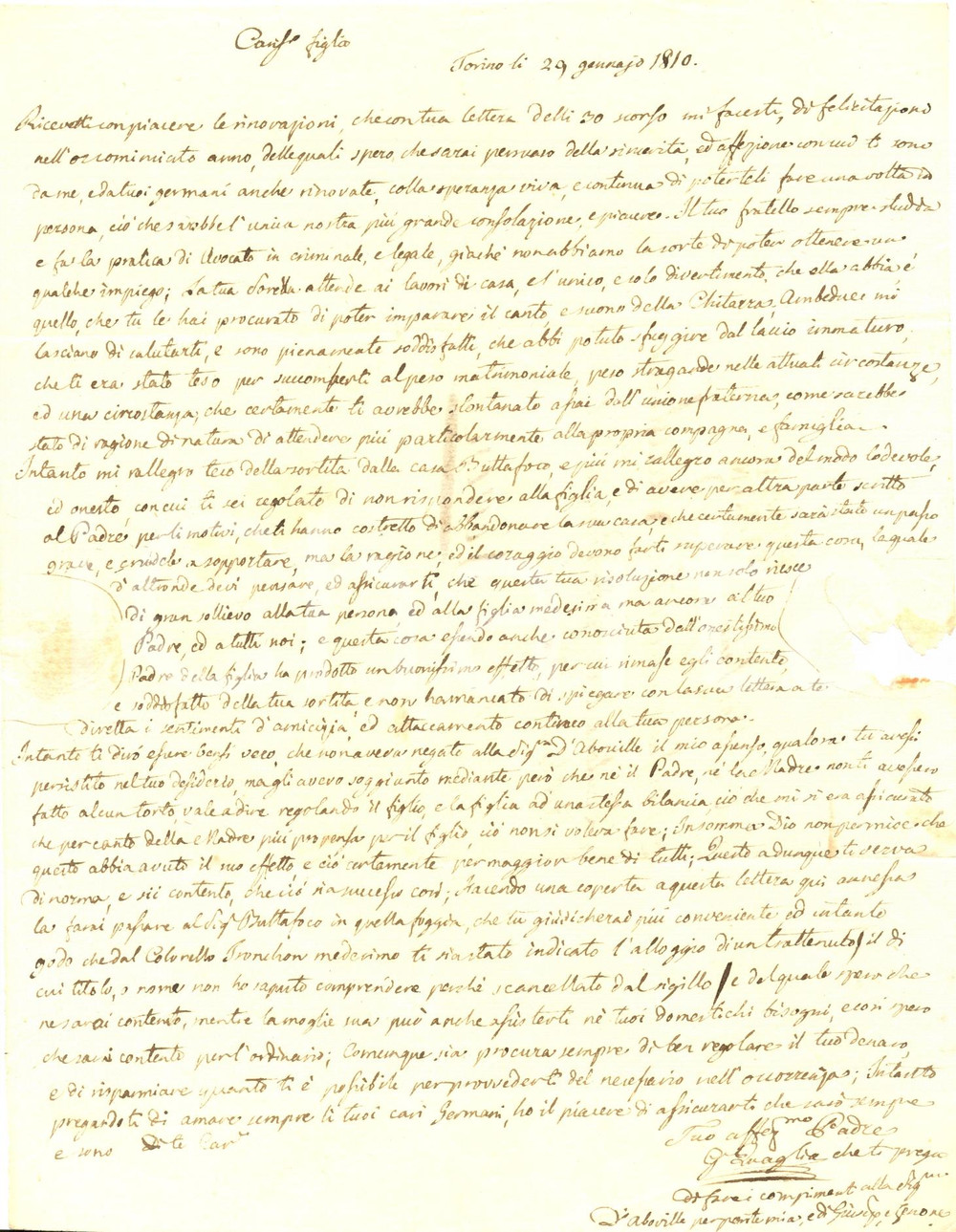 Documento originale, autentico 1810 TORINO Giovanni QUAGLIA a Giacinto tenente reale artiglieria piemontese 1