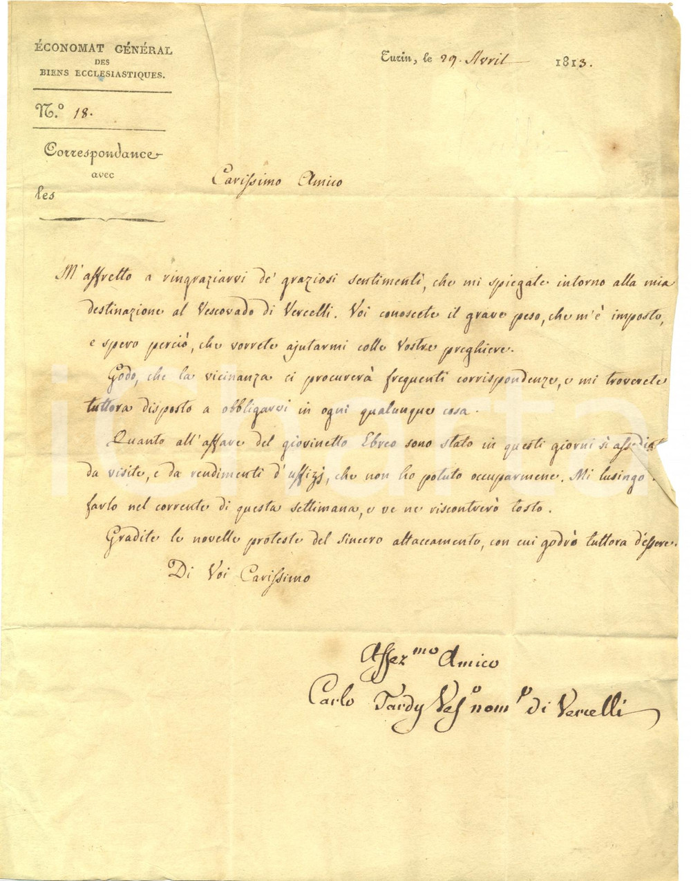 Documento originale, autentico 1813 VERCELLI Vescovo Carlo TARDY scrive a Francesco SALINA per giovinetto ebreo 1