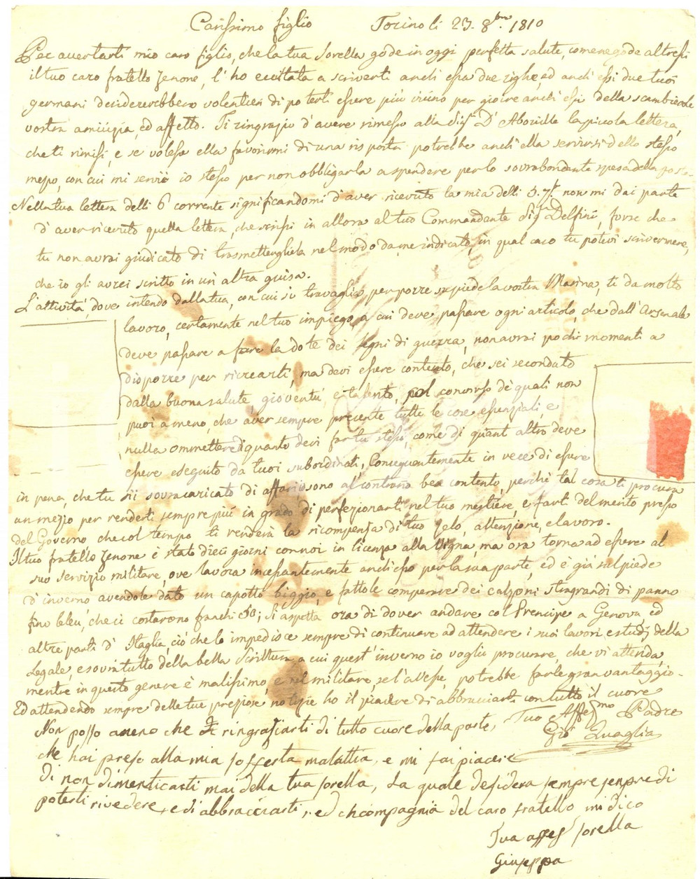 Documento originale, autentico 1810 TORINO Parole di conforto a Giacinto QUAGLIA tenente artiglieria piemontese 1
