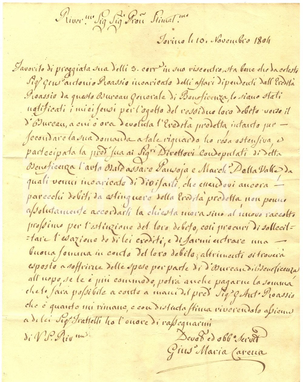 Documento originale, autentico 1804 TORINO Giuseppe Maria CARENA nega proroga ad Antonio Nicola VERCELLONE 1