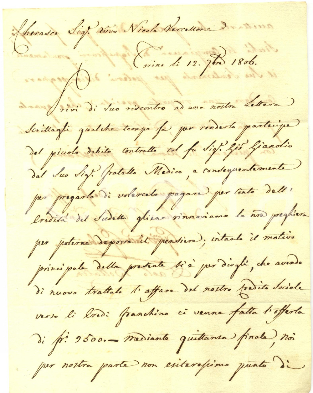 Documento originale, autentico 1806 TORINO Debiti avv. Nicola VERCELLONE verso eredi Giovanni GIANOLIO 1