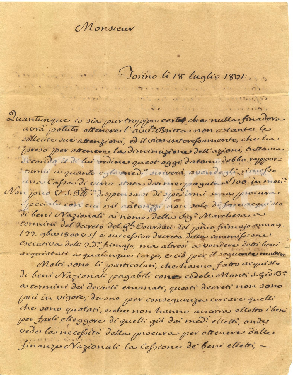 Documento originale, autentico 1801 TORINO Giacinto FRANCHI su vendita beni Nazionali Giovanni Battista RORA 1