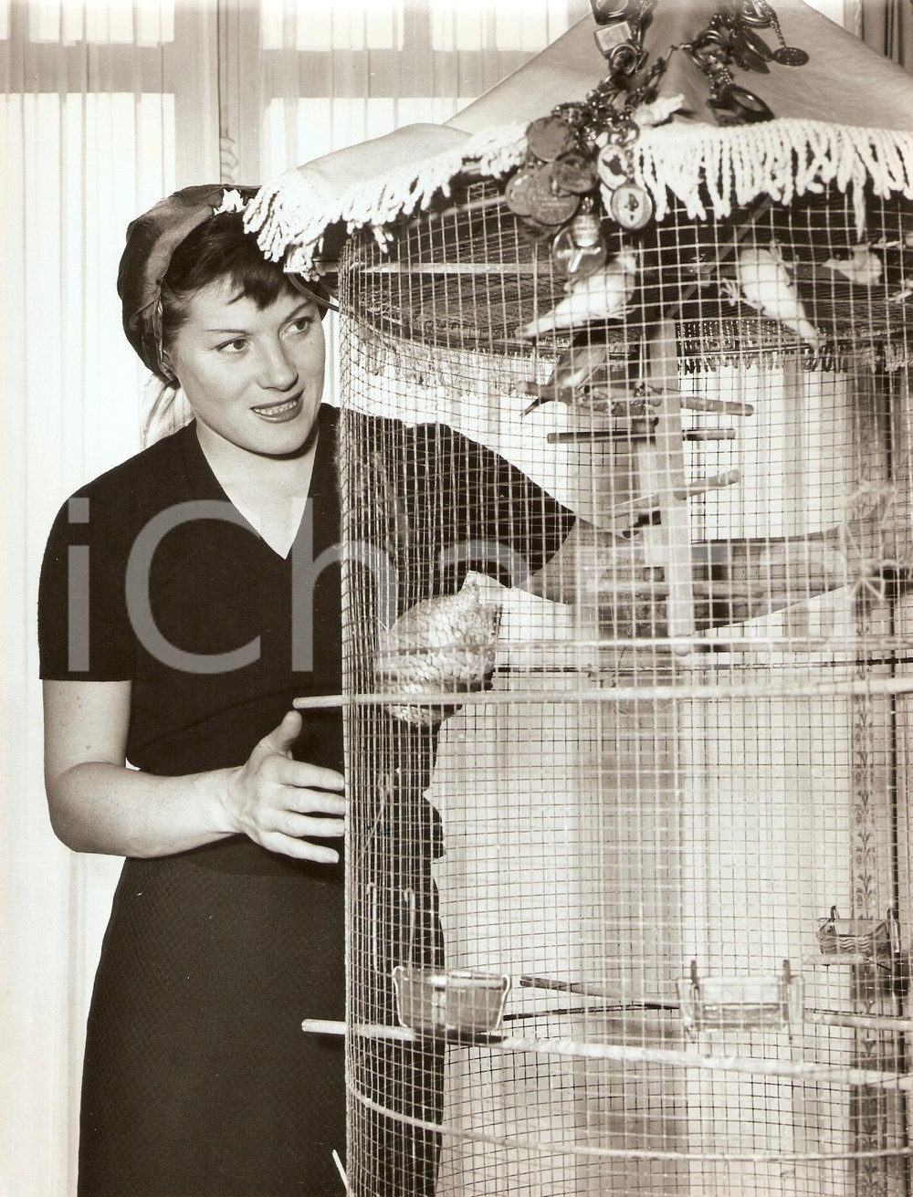 Fotografia d epoca originale 1960 ca PARIS Cantante Colette RENARD con pappagallini Fotografia 1
